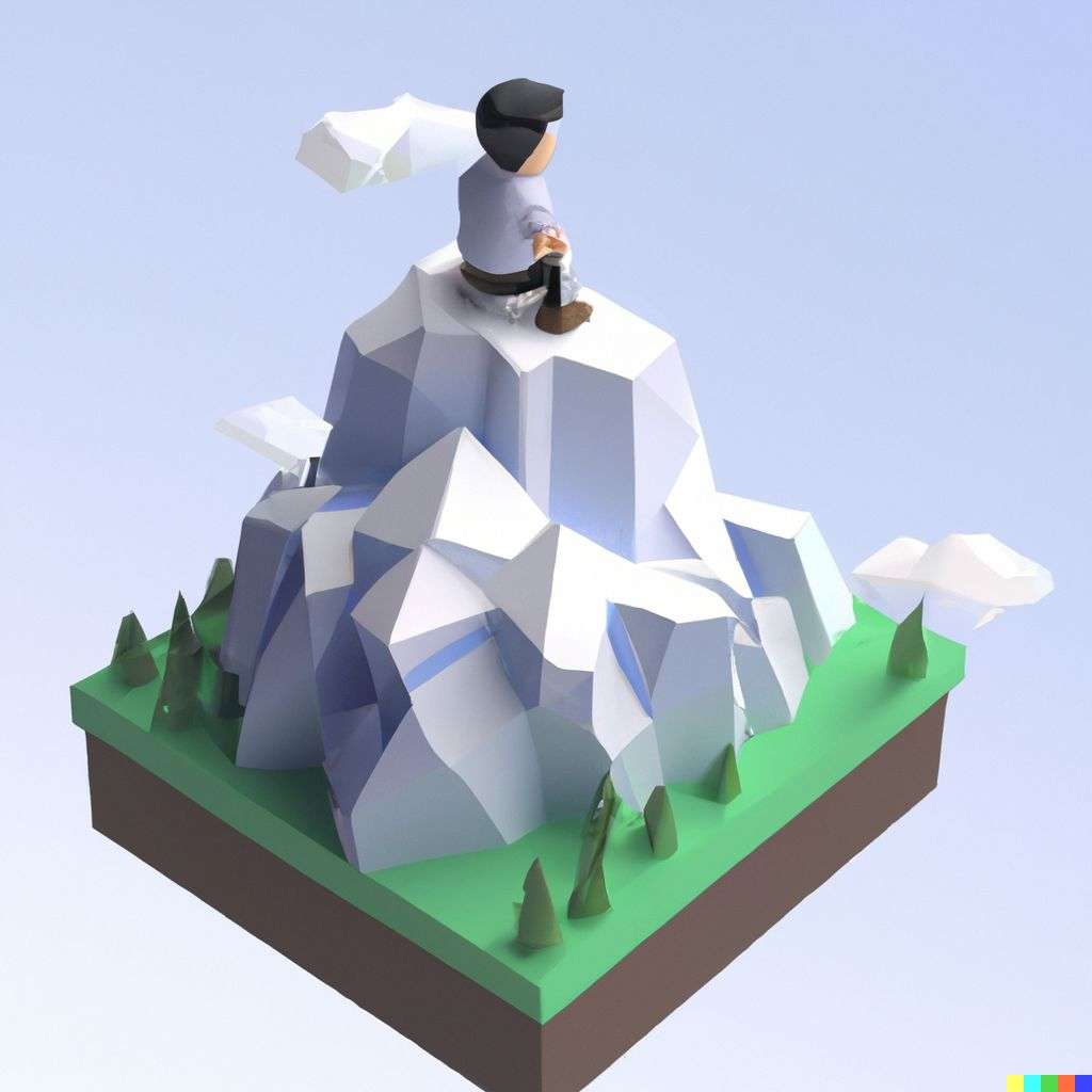 someone gazing at Mount Everest, low polygon isometric render